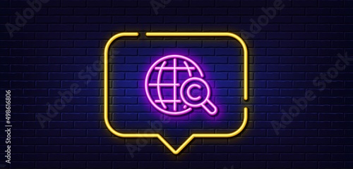 Neon light speech bubble. International Ð¡opyright line icon. Copywriting sign. World symbol. Neon light background. International Ð¡opyright glow line. Brick wall banner. Vector