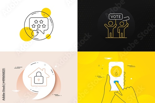 Minimal set of Ranking star, Lock and Voting campaign line icons. Phone screen, Quote banners. Flammable fuel icons. For web development. Click rank, House protection, People rally. Fire oil. Vector
