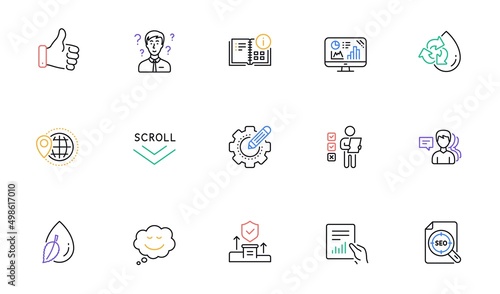 Speech bubble, Document and Support consultant line icons for website, printing. Collection of Analytics graph, World travel, Seo file icons. Recycle water, Security agency. Vector