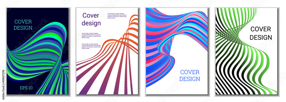 A set of 4 abstract covers. Wavy parallel gradient lines, ribbons evolve. Cover design, background. Trendy banner, poster. A set of 4 abstract covers. Wavy parallel gradient lines, ribbons evolve. Cover design, background. Trendy banner, poster.