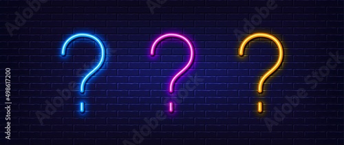 Question mark icon. Neon light line effect. Faq line typography character sign. Ask quiz font symbol. Glowing neon light element. Question mark glow 3d line. Brick wall banner. Vector