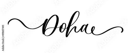 Doha - hand drawn lettering phrase. Sticker with lettering.