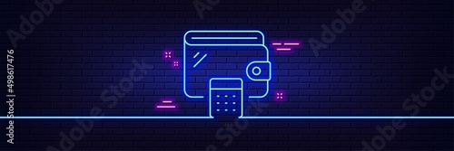 Neon light glow effect. Wallet line icon. Money purse with calculator sign. Cash budget symbol. 3d line neon glow icon. Brick wall banner. Wallet outline. Vector