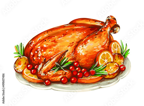 Hand drawn Christmas turkey.Holiday food. Vector sketch Chicken with orange and cranberry. Rosemary and potatoes