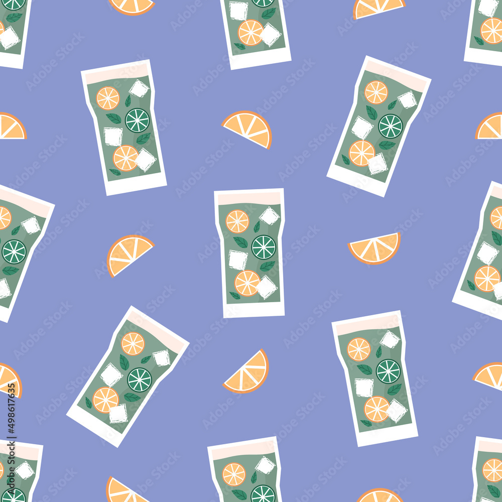 Summer tropic drink, cold citrus refreshing beverage in glass. Fresh homemade lemonade, soda, mojito cocktail with lemon, orange slices , mint. Hand drawn summer tropic party vector seamless pattern