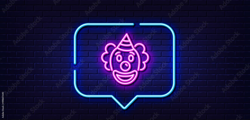 Neon light speech bubble. Clown line icon. Amusement park funnyman sign. Neon light background. Clown glow line. Brick wall banner. Vector Neon light speech bubble. Clown line icon. Amusement park funnyman sign. Neon light background. Clown glow line. Brick wall banner. Vector