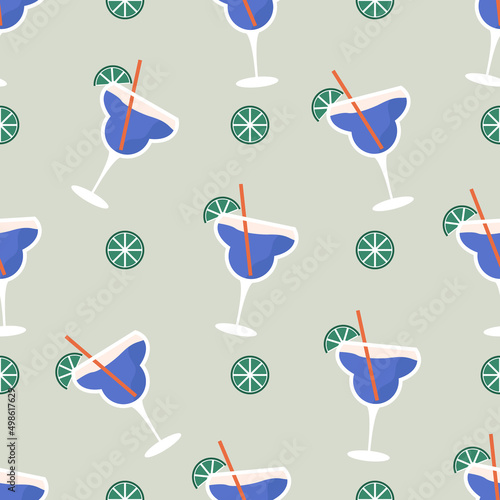 Alcoholic drink with cocktail tubes on blue background. Summer tropic cocktail with lime slices. Cold refreshing beverage in glass. Hand drawn trendy summer tropic party vector seamless pattern. 