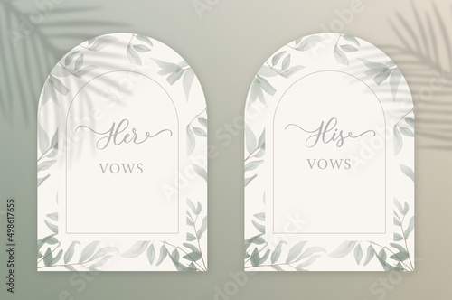 His, Her vows. Wedding invitation card background with green watercolor botanical leaves. Abstract floral art background vector design for wedding and vip cover template.