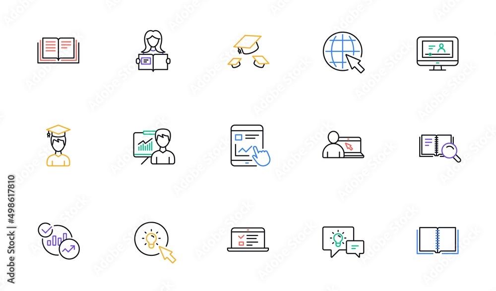 Education line icons. Book, Video tutorial and Instructions. Presentation linear icon set. Bicolor outline web elements. Vector Education line icons. Book, Video tutorial and Instructions. Presentation linear icon set. Bicolor outline web elements. Vector