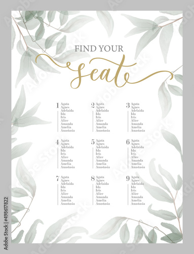 Find your seat - hand drawn modern calligraphy inscription for wedding sign with number. Seating plan for guests with table numbers. photo