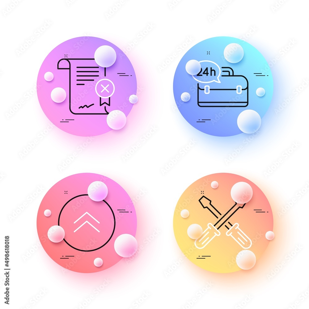 Swipe up, Screwdriverl and 24h service minimal line icons. 3d spheres or balls buttons. Reject certificate icons. For web, application, printing. Scroll screen, Repair tool, Support. Vector Swipe up, Screwdriverl and 24h service minimal line icons. 3d spheres or balls buttons. Reject certificate icons. For web, application, printing. Scroll screen, Repair tool, Support. Vector