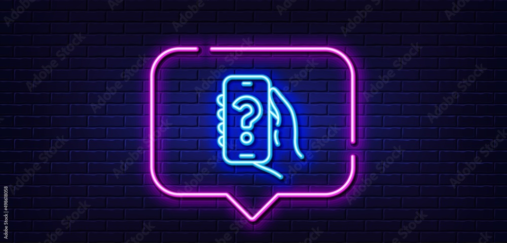 Neon light speech bubble. Help app line icon. Hand hold phone sign. Cellphone with screen notification symbol. Neon light background. Help app glow line. Brick wall banner. Vector