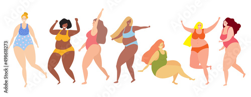 Set of happy plus size women in underwear. Dancing women. Body positive concept.