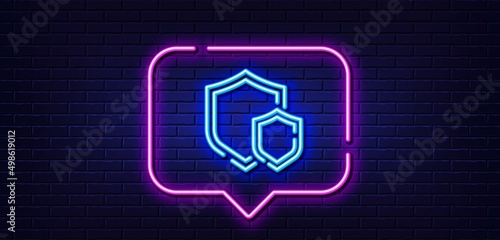 Neon light speech bubble. Shields line icon. Privacy secure sign. Safe defense symbol. Neon light background. Shields glow line. Brick wall banner. Vector