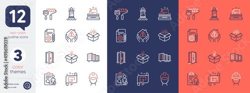Set of Paint roller, Documentation and Typewriter line icons. Include Get box, Buildings, House protection icons. Open box, Inspect, Open door web elements. Foreman, Lighthouse. Vector