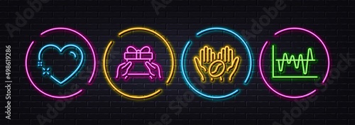 Heart, Give present and Coffee minimal line icons. Neon laser 3d lights. Stock analysis icons. For web, application, printing. Love, Receive a gift, Roasted bean. Business trade. Vector