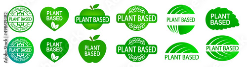 Set of plant based vegan food product labels. Green heart-shaped stamp. Logo or icon. Diet. Sticker. Vegetarian. Organic