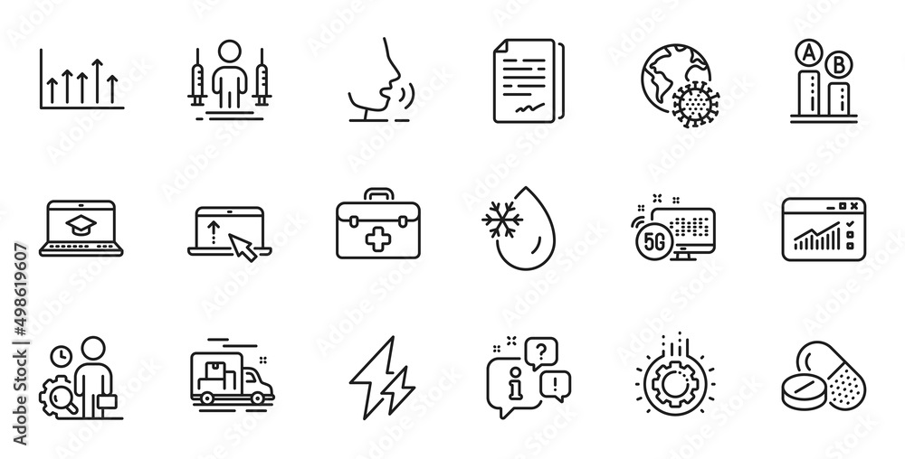 Outline set of Freezing water, Swipe up and 5g internet line icons for web application. Talk, information, delivery truck outline icon. Vector Outline set of Freezing water, Swipe up and 5g internet line icons for web application. Talk, information, delivery truck outline icon. Vector