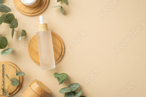 Wallpaper Mural Top view photo of transparent bottle with liquid cosmetics bamboo stands and eucalyptus on isolated beige background with copyspace Torontodigital.ca