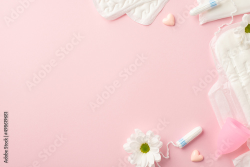Top view photo of camomile flower buds panty liners small hearts menstrual cup sanitary napkins and tampons on isolated pastel pink background with blank space