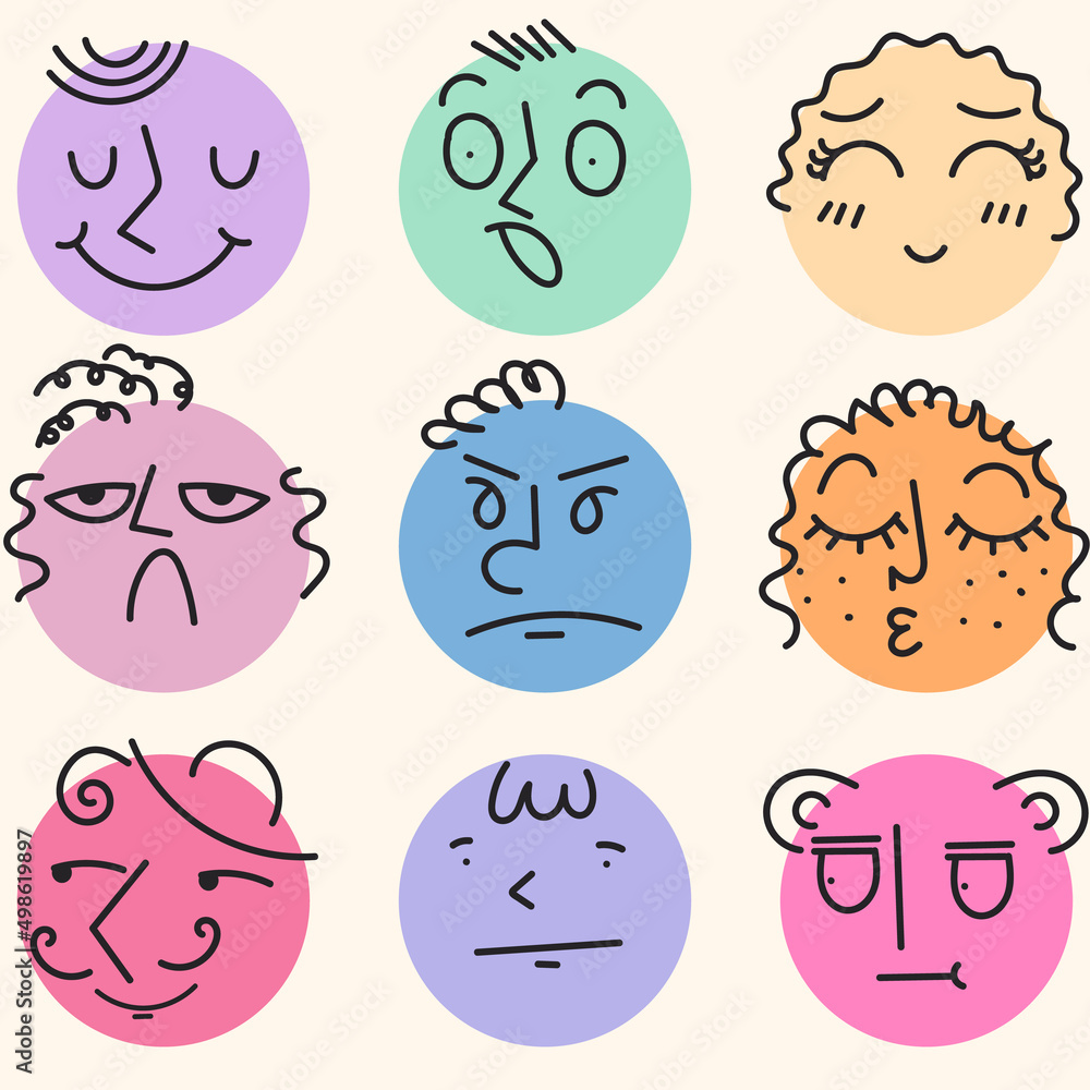Clip art. Abstract faces. A set with emotions. Funny characters. Avatars. A flat vector illustration drawn by hand. Clip art. Abstract faces. A set with emotions. Funny characters. Avatars. A flat vector illustration drawn by hand.