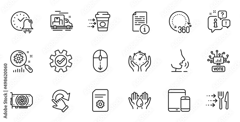 Outline set of Online voting, Food delivery and Timer line icons for web application. Talk, information, delivery truck outline icon. Include Mobile devices, File settings, Alarm bell icons. Vector Outline set of Online voting, Food delivery and Timer line icons for web application. Talk, information, delivery truck outline icon. Include Mobile devices, File settings, Alarm bell icons. Vector