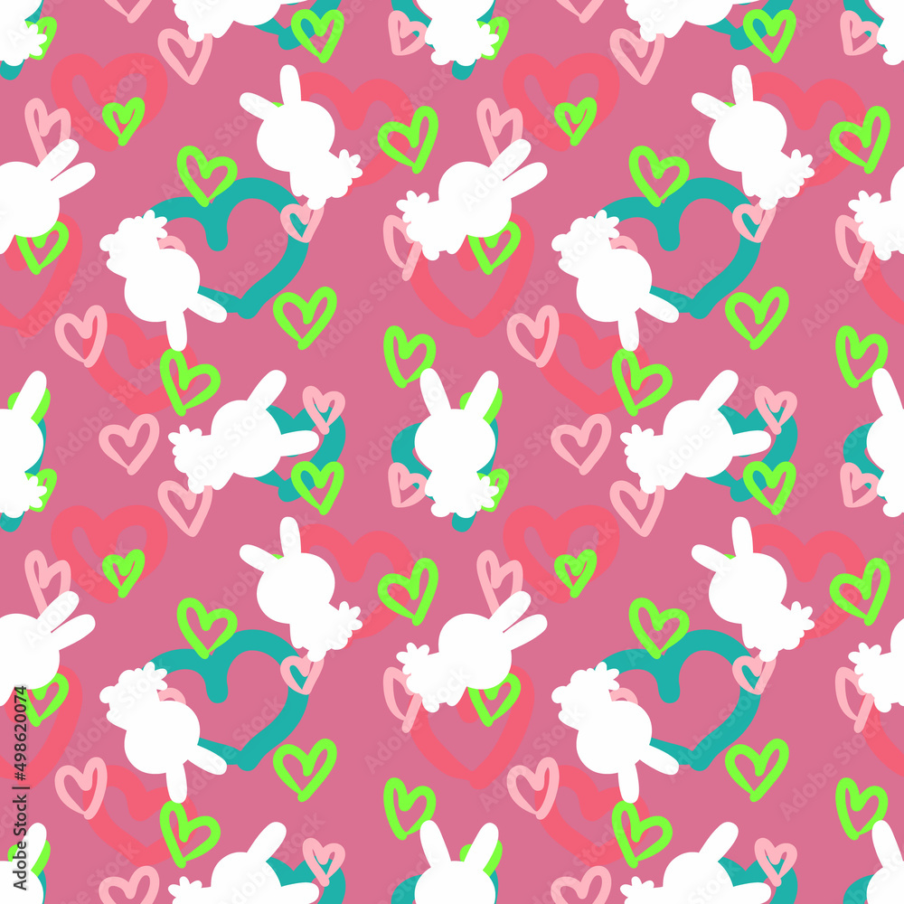 Bright colorful festive Easter seamless pattern with bunnies silhouettes and hearts. Perfect for T-shirt, textile and print. Hand drawn illustration for decor and design.
