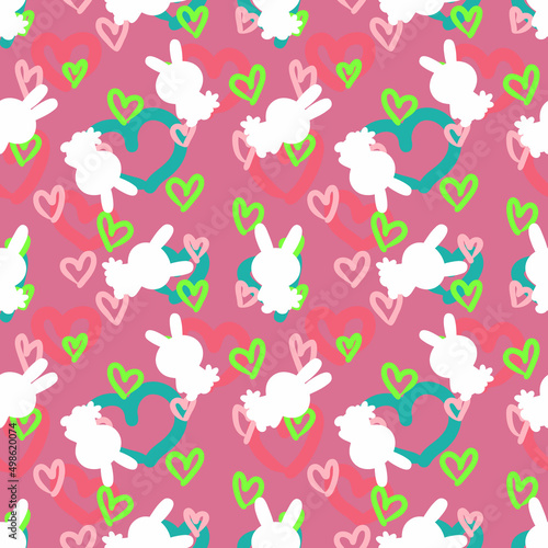 Bright colorful festive Easter seamless pattern with bunnies silhouettes and hearts. Perfect for T-shirt, textile and print. Hand drawn illustration for decor and design.