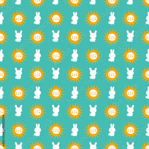 Bright festive Easter seamless pattern with bunnies silhouettes and sun. Perfect for T-shirt, textile and print. Hand drawn illustration for decor and design.