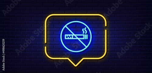 Neon light speech bubble. No smoking line icon. Stop smoke sign. Hotel service symbol. Neon light background. No smoking glow line. Brick wall banner. Vector
