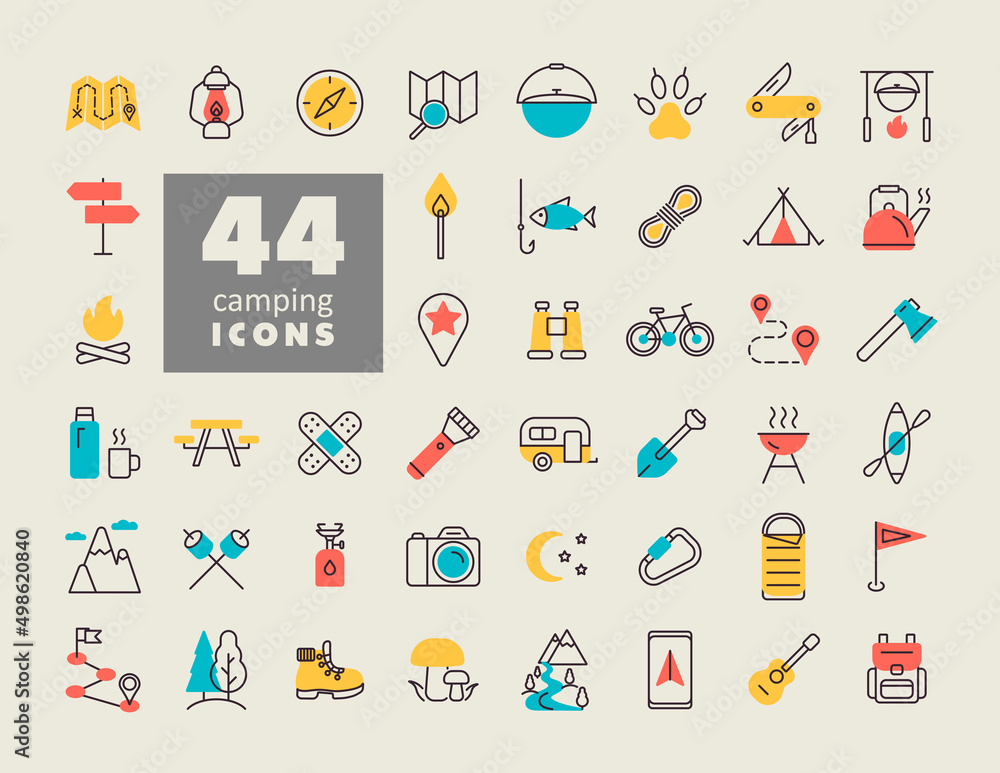 Fototapeta premium Camping, Hiking and Outdoor Activities icons set
