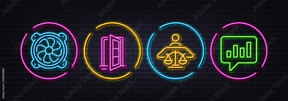 Court judge, Computer fan and Open door minimal line icons. Neon laser 3d lights. Analytical chat icons. For web, application, printing. Judgement, Pc ventilator, Entrance. Vector