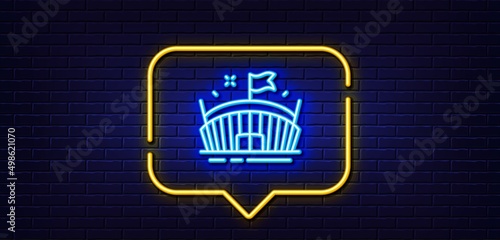 Neon light speech bubble. Sports stadium line icon. Arena with flag sign. Sport complex symbol. Neon light background. Arena glow line. Brick wall banner. Vector