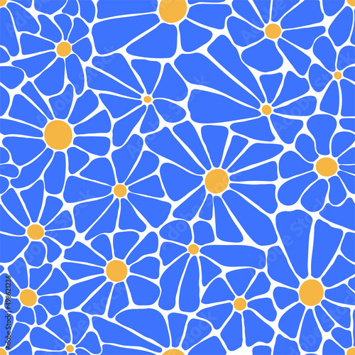 Abstract seamless pattern with blue yellow had drawn flowers vector illustration for print, textile, cover