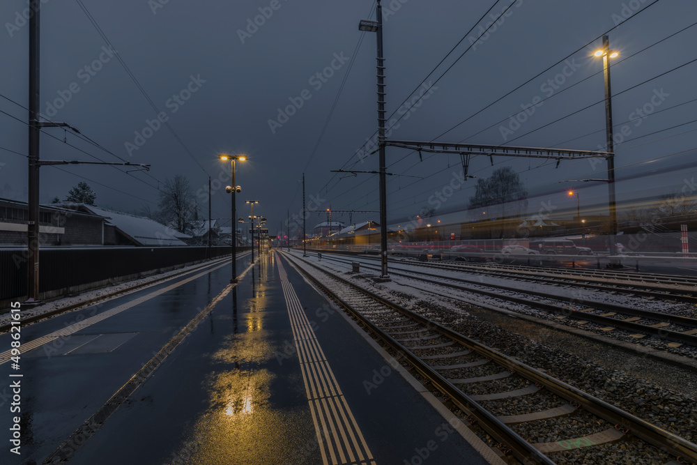 Very bad weather in Brunnen station in spring snowy morning Very bad weather in Brunnen station in spring snowy morning