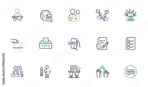 Voting line icons. Public Election, Vote Box, Ballot Paper icons. Candidate, Politics voting and People vote. Government election, Raised hands, Document checklist. Online poll result. Vector