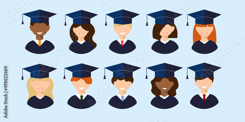 Man and woman graduates in gown and hat. Graduation girl and guy education icon set collection in flat style. Different races students of the world portraits multinational union concept.