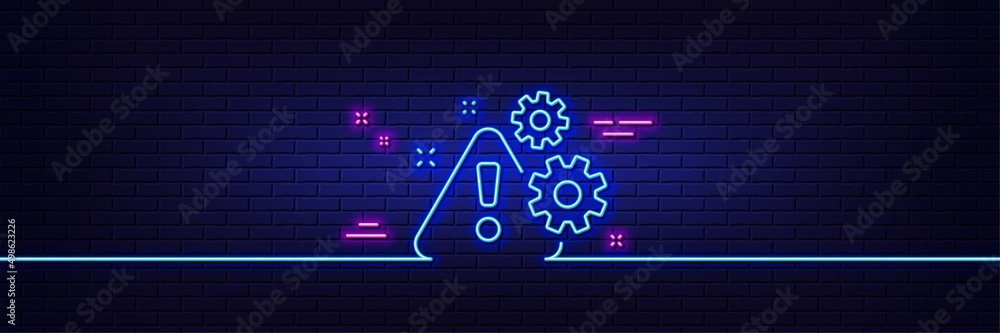 Neon light glow effect. Warning line icon. Attention triangle sign. Caution alert symbol. 3d line neon glow icon. Brick wall banner. Warning outline. Vector Neon light glow effect. Warning line icon. Attention triangle sign. Caution alert symbol. 3d line neon glow icon. Brick wall banner. Warning outline. Vector
