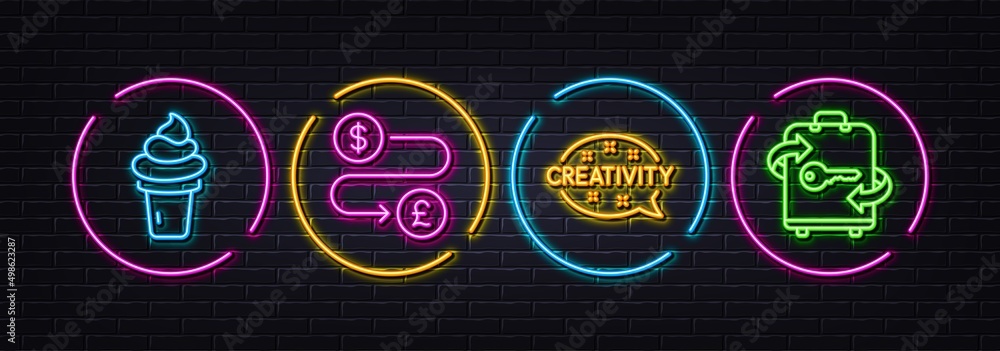 Money transfer, Ice cream and Creativity minimal line icons. Neon laser 3d lights. Luggage icons. For web, application, printing. Currency exchange, Vanilla waffle, Inspiration. Baggage locker. Vector