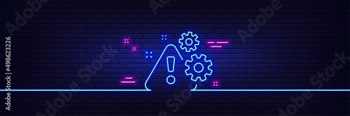 Neon light glow effect. Warning line icon. Attention triangle sign. Caution alert symbol. 3d line neon glow icon. Brick wall banner. Warning outline. Vector