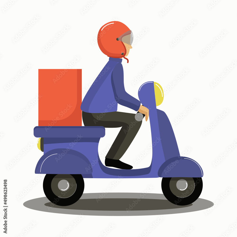 A man in a helmet rides a motor scooter. Delivery of food, goods. Pizza delivery boy rides a scooter, vector illustration.
