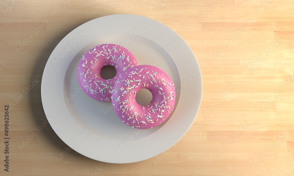3d rendering of two pink chocolate covered doughnuts on a plate on a wooden wall