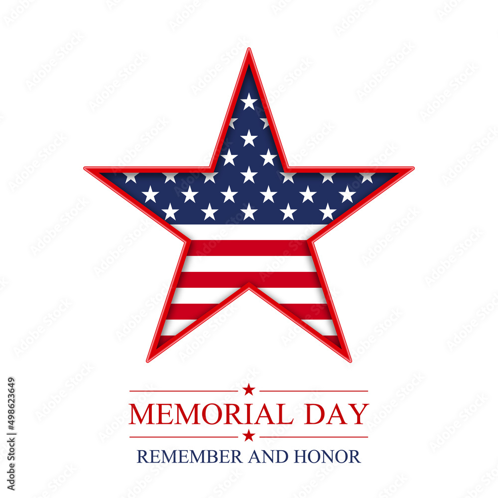 Memorial Day star in the United States of America. American star with national flag. - obrazy, fototapety, plakaty 