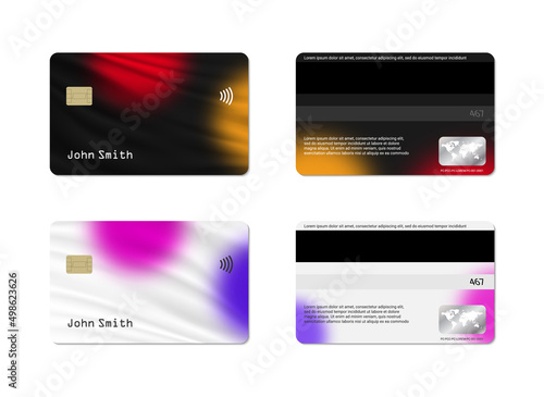 Bank credit card template abstract black and white background. Credit and debit card layout on front and back sides.