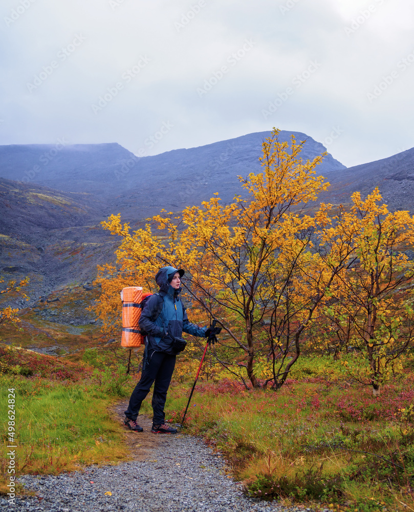 A woman with a backpack in the autumn season walks along a path in the mountains on a rainy day.