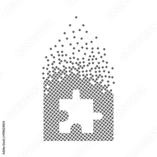 Jigsaw fast pixel dots icon. The puzzle distortion mark pixel is flat-solid. Dissolved and dispersed moving dot art. Integrative and integrative pixel movement. Connecting the modern dots.