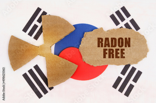On the flag of South Korea, the symbol of radioactivity and torn cardboard with the inscription - RADON FREE