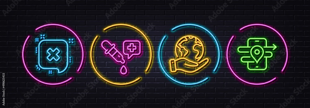 Save planet, Reject and Chemistry pipette minimal line icons. Neon laser 3d lights. Gps icons. For web, application, printing. Outsourcing, Delete message, Laboratory. Phone map. Vector