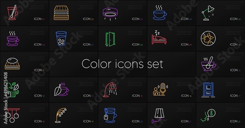 Set of Cappuccino, Open door and Led lamp line icons. Include Mint tea, Wall lamp, Tea cup icons. Coffee cup, Entrance, Sleep web elements. Mint bag, Deluxe mattress, Bed bugs. Mattress. Vector