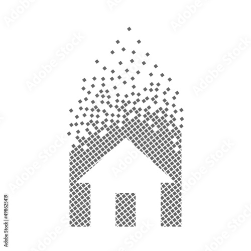House sign fast pixel dots icon. The simple house pixel is flat-solid. Dissolved and dispersed moving dot art. Integrative and integrative pixel movement. Connecting the modern dots.